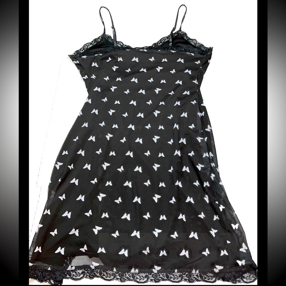 BLACK Gray butterfly Slip DRESS MESH LACE sweetheart Neck Y2K gothic Medium 90s
